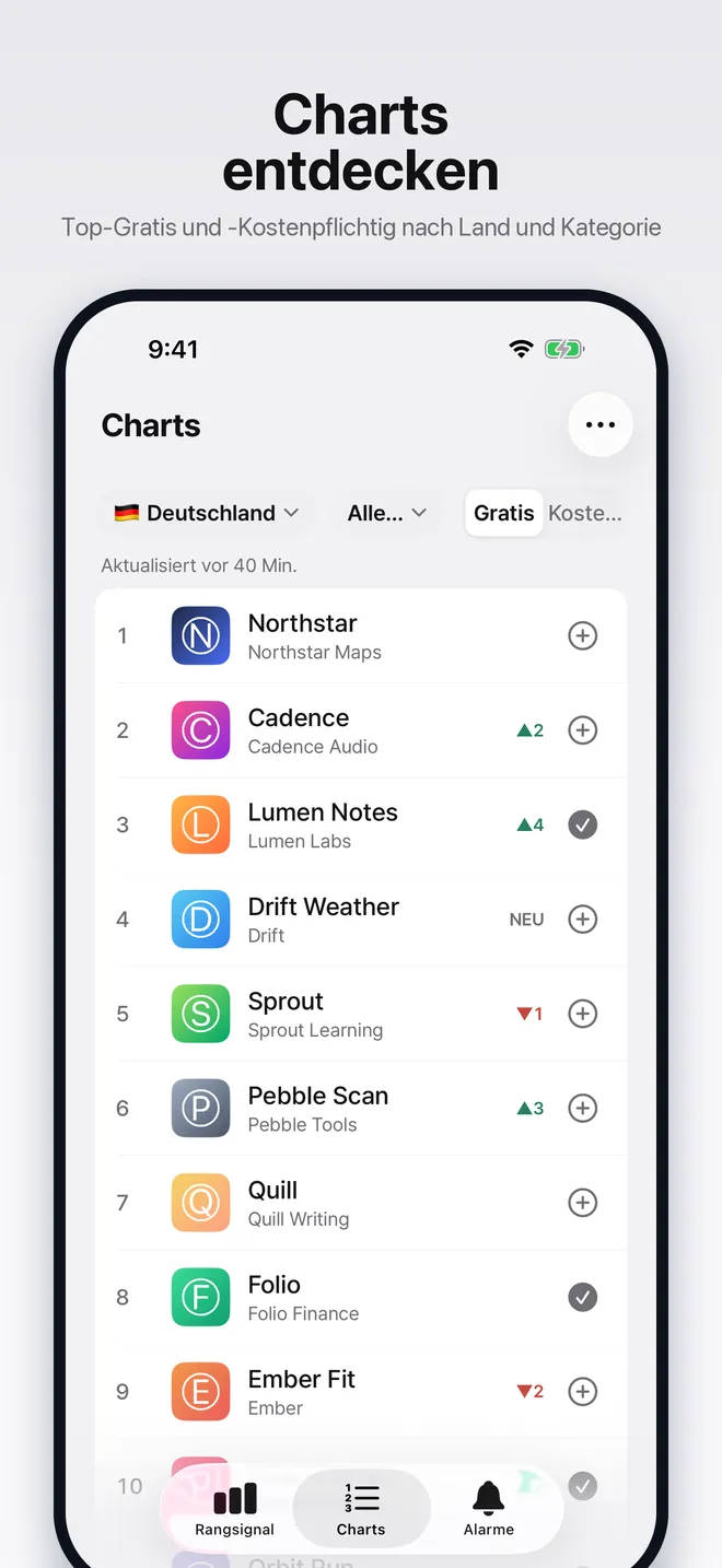 Charts-Ansicht mit der Top-Gratis-Liste eines Landes
