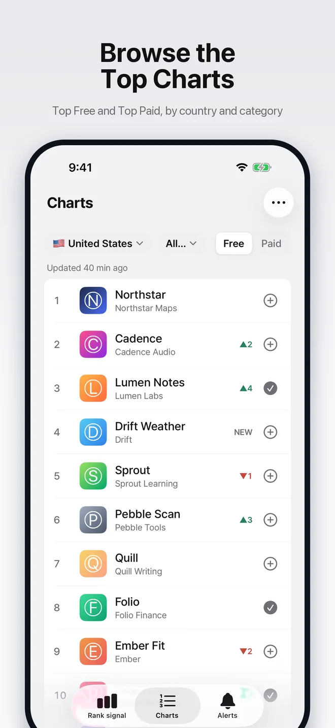 Charts screen with the Top Free list for a country