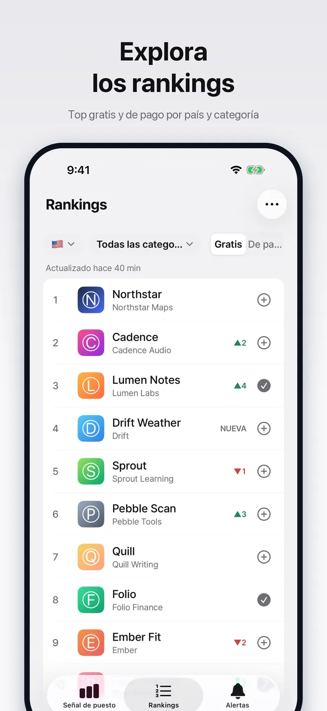 Pantalla de listas con el Top gratis de un país