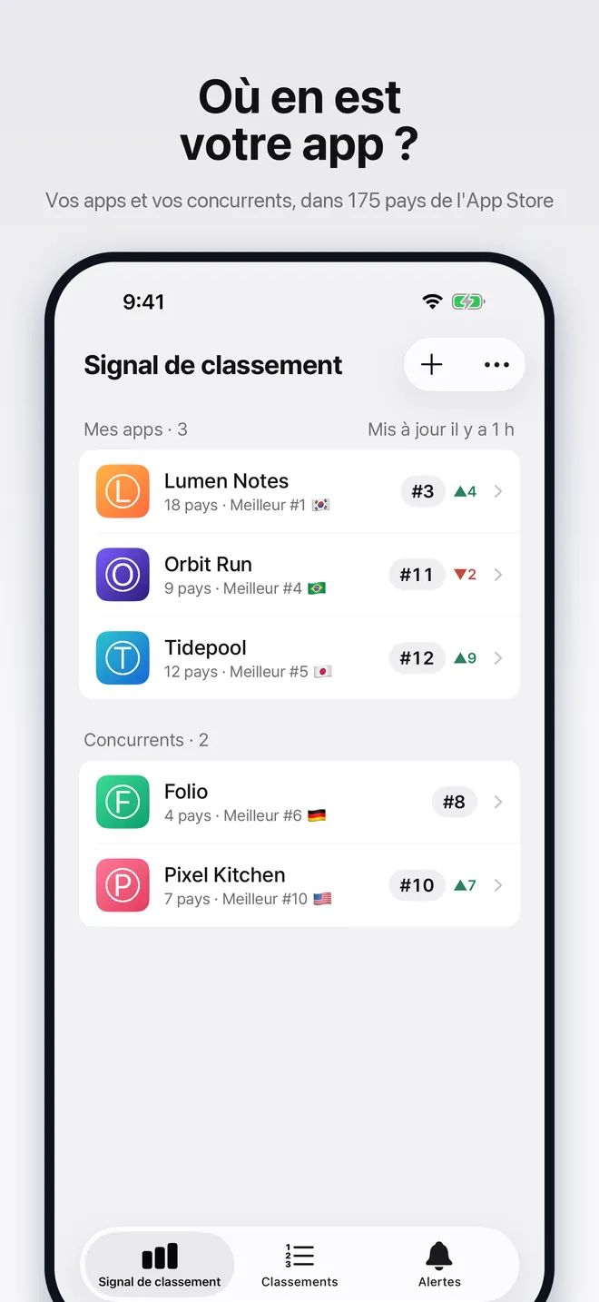 Écran d'accueil listant les apps suivies avec leur rang actuel et leur évolution