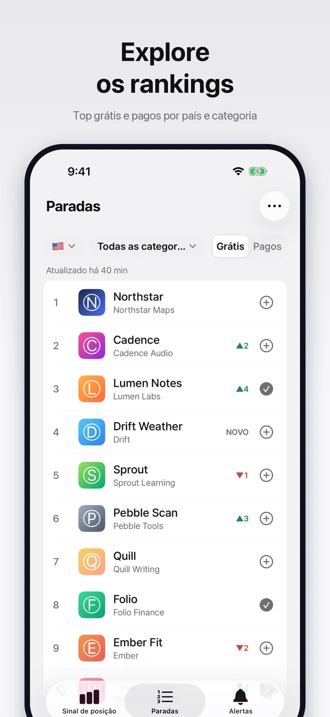 Tela de paradas com a lista Top grátis de um país