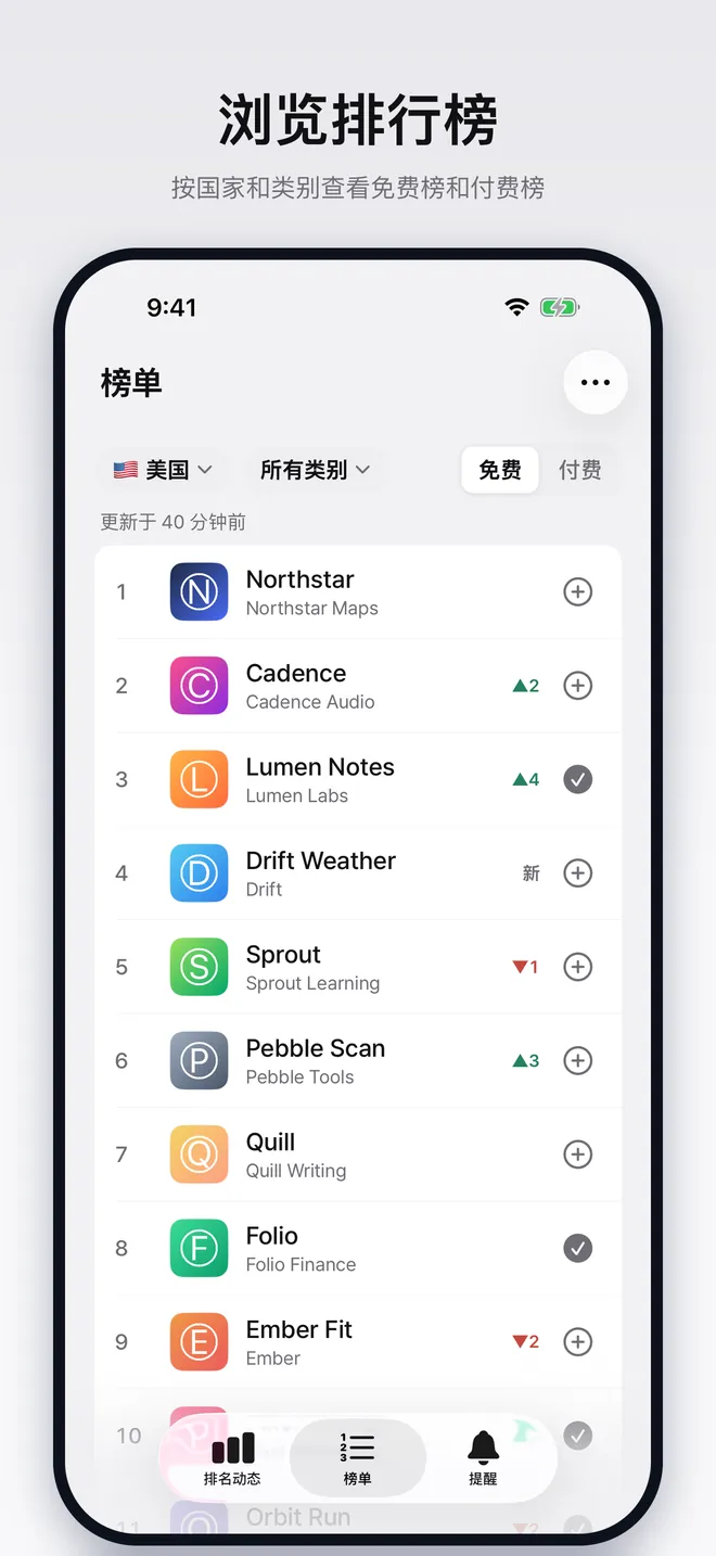 显示某个国家/地区免费榜的榜单页面
